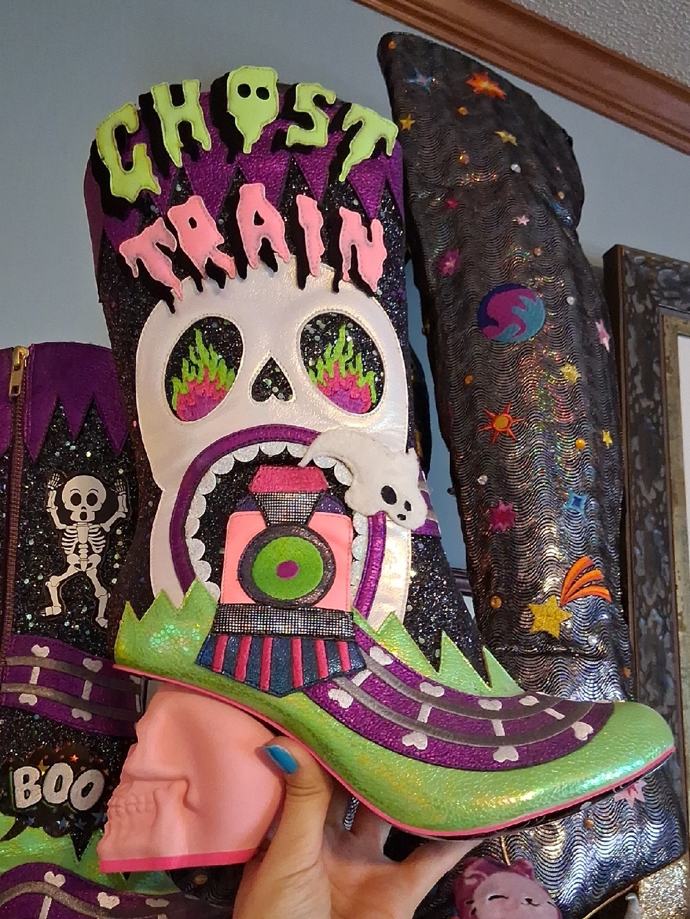 NEW GLOW IN THE DARK 'Ghost Train' Skull Heeled Boots, Size 42, 10.5ish
